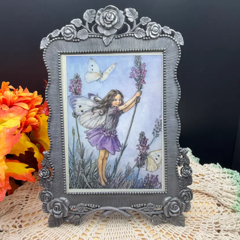🐞Vtg Pewter Framed Print The Lavender Fairy Summer Garden Art- Signed 9.5x6”