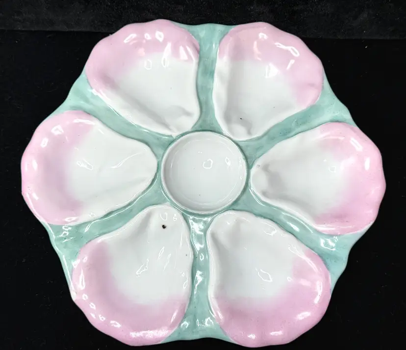 c19th century Pastel Rose and Seafoam Molded Shell Oyster Dish 9.5" A1228