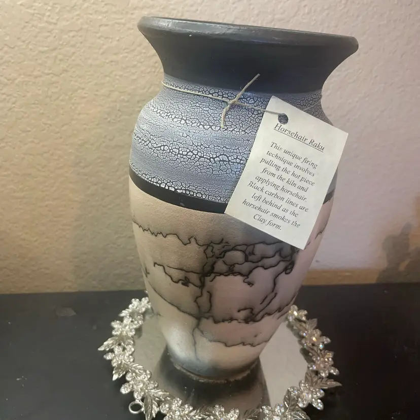 Exquisite Artist Signed 9.5” Horse Hair Raku NWT Vase