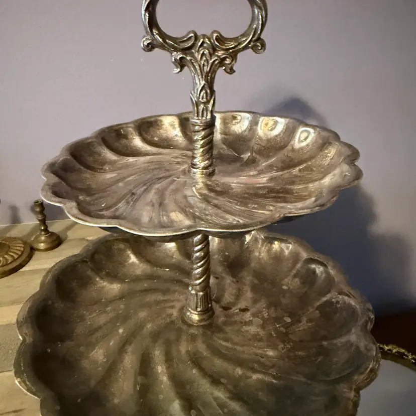 vintage silver-plated two-tier serving tray with swirled fluting by the F.B. Rogers Silver Company.