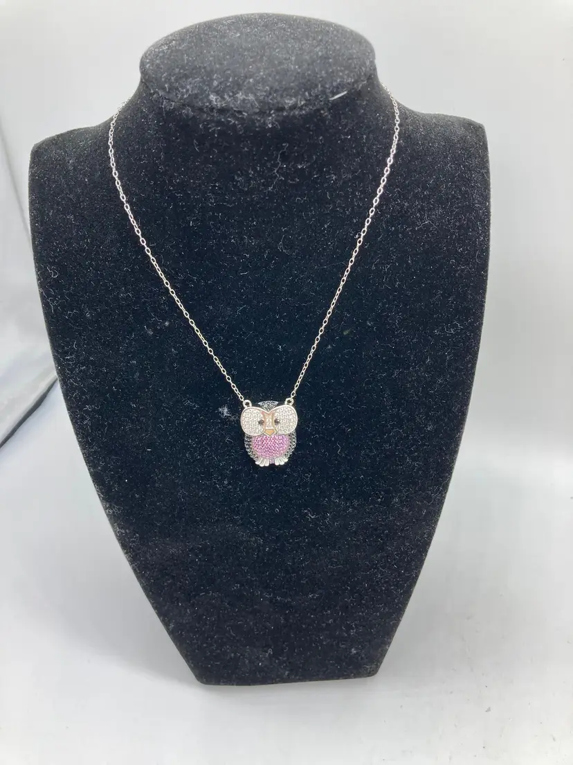 Pave Owl Necklace; 925 Sterling Owl Pendant on 925 Chain; Owl Jewelry; Pink Owl Necklace; 925 Pink, Black, & White Pave Owl, Infinity Close