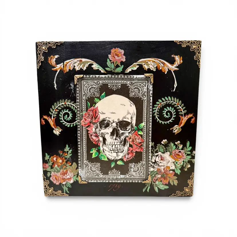 Dark Academia Skull and Floral Handmade Hand Painted Wall Decor 10 x 10 x 2