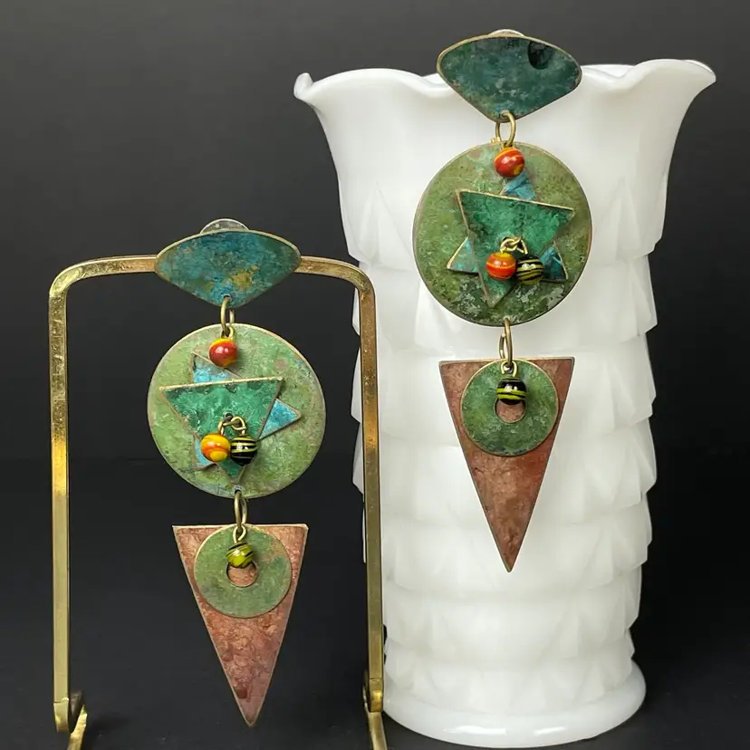 Large 80s Modernist Patina Metal & Glass Bead Geometric Statement Earrings Vintage 4"