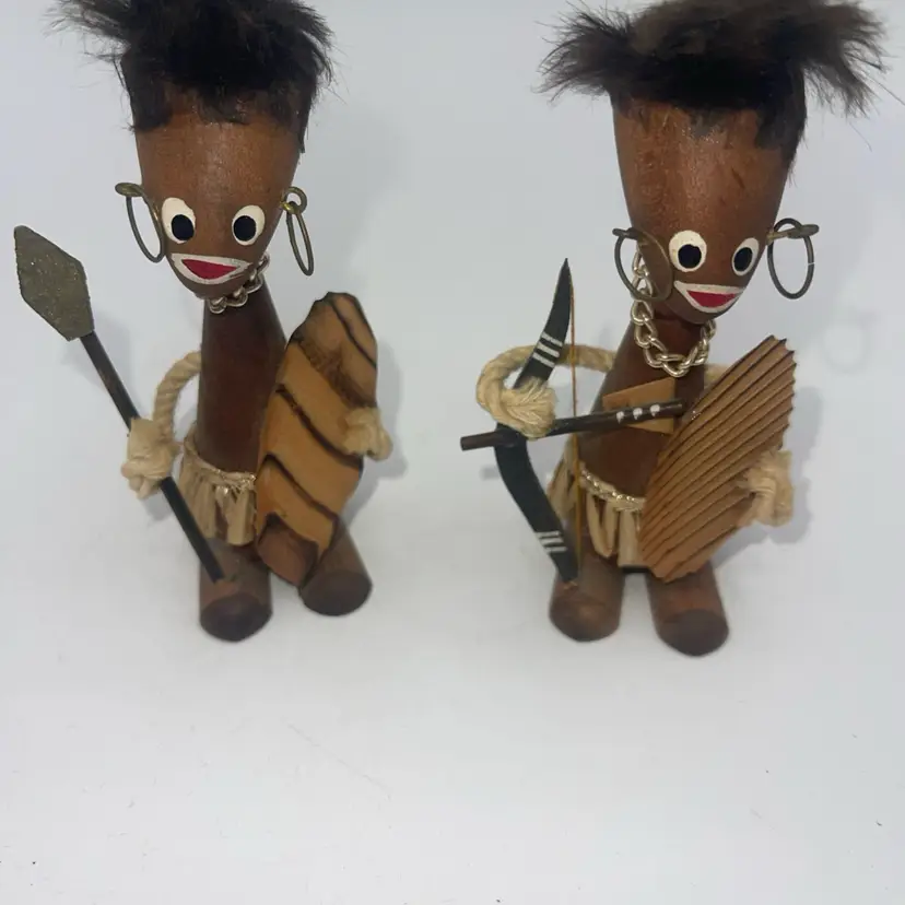 09-Tribal Aboriginal Carved Dolls Folk Art Fur Hair Vintage Set Of 2 3.5”