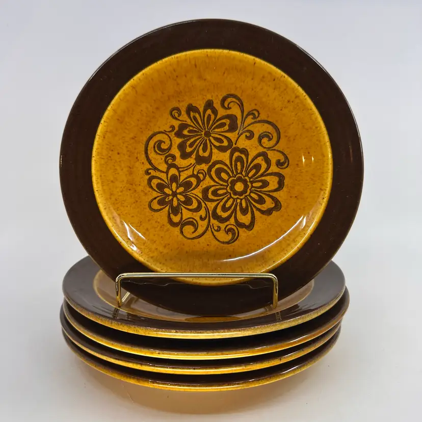 Vintage Decostone Andre Ponche "Gold Glade" Brown Floral Salad Plate Set/5