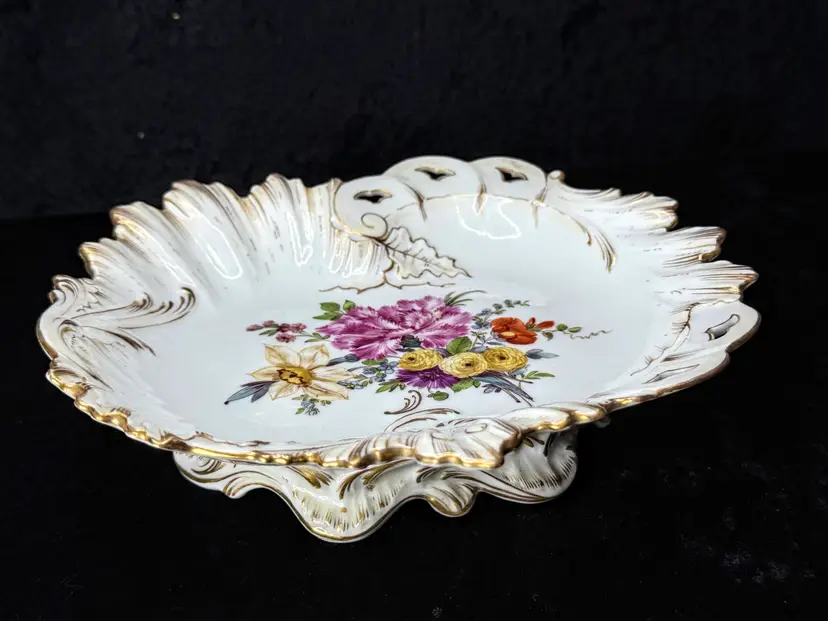 Ventage German Dresden Porcelain Floral Footed Bowl Crown D 8.5" A1273