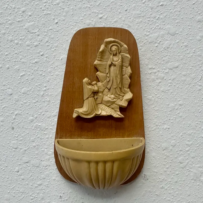 Vintage Wood & Celluloid Virgin Mary Wall Pocket Holy Water Font - Made in Italy