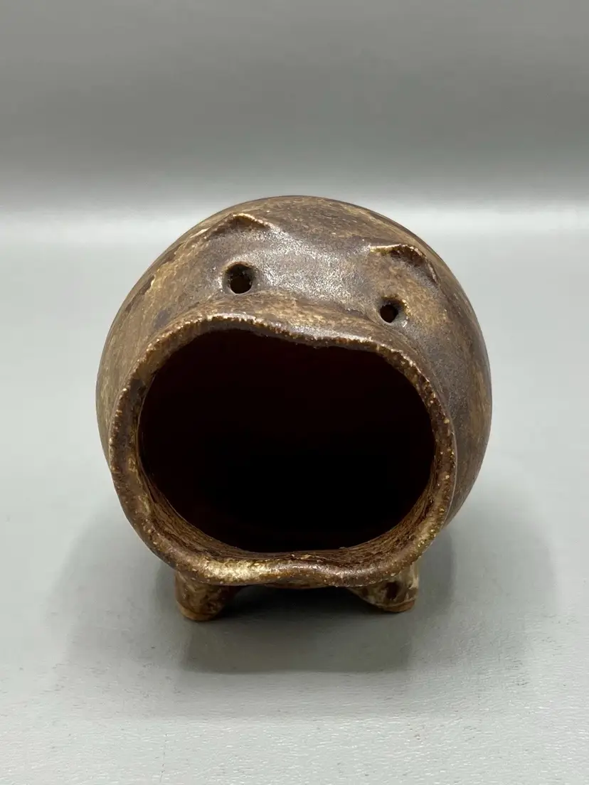 Share Vintage Handmade Pottery Pig Sponge Holder Open Mouth Brown Ceramic Kitchen