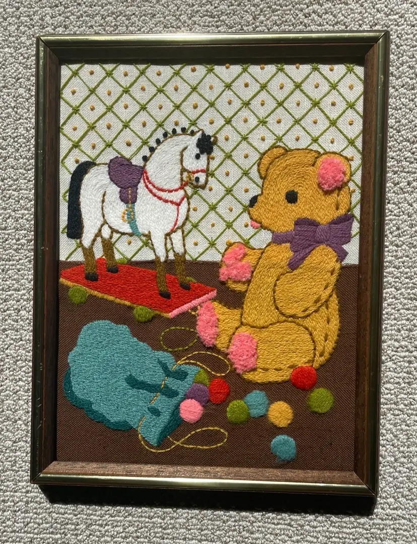 Framed Crewel Embroidery Wall Hanging Baby Nursery Bear Rocking Horse Bag of Marbles