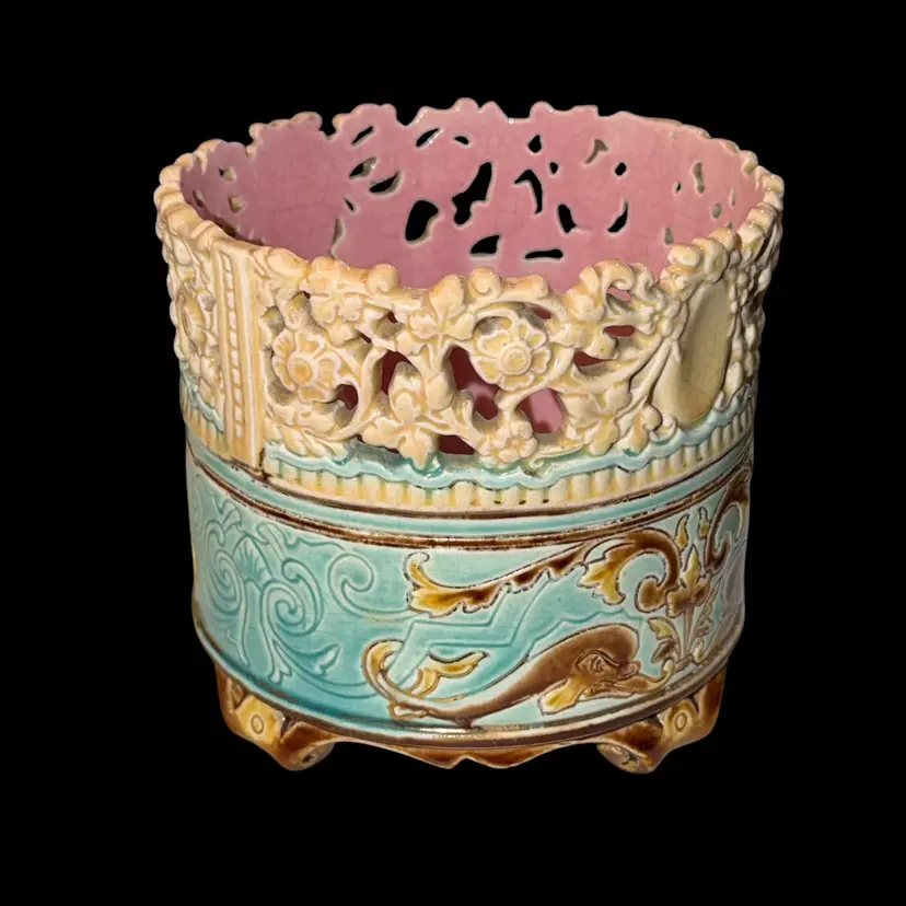RARE Julius Greiner Sohn Majolica Jardiniere Vase Pierced Austrian Art Nouveau