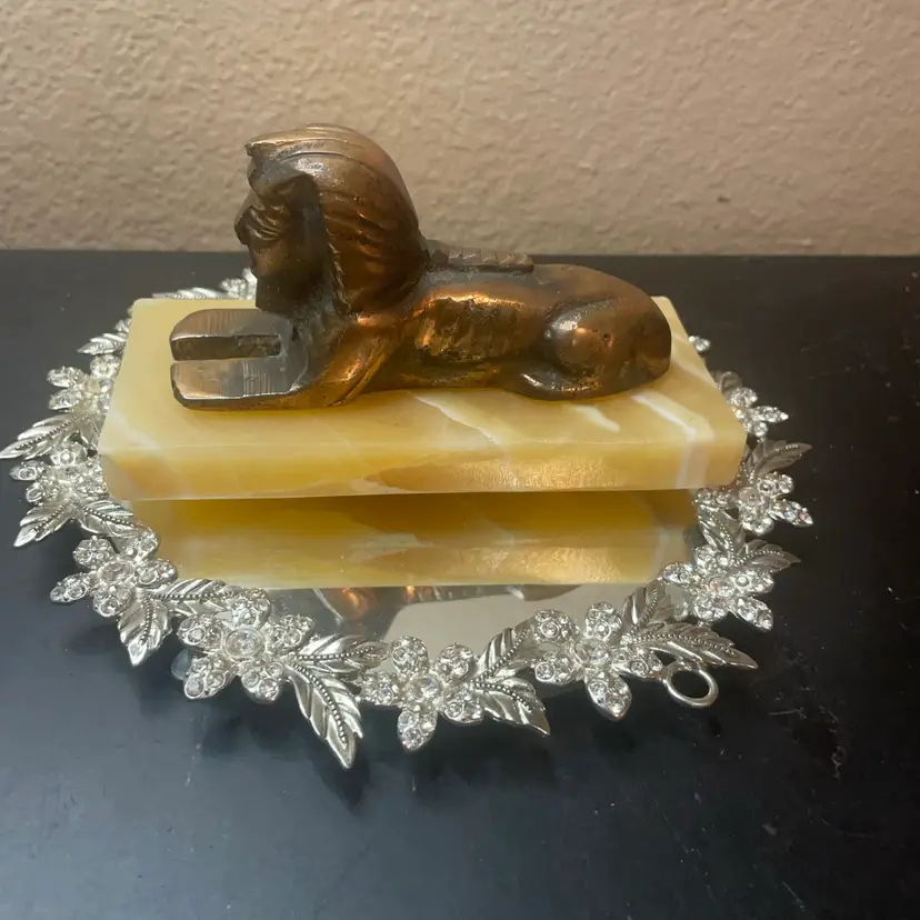 6” Solid Brass Egyptian sphinx figurine on an onyx or marble base