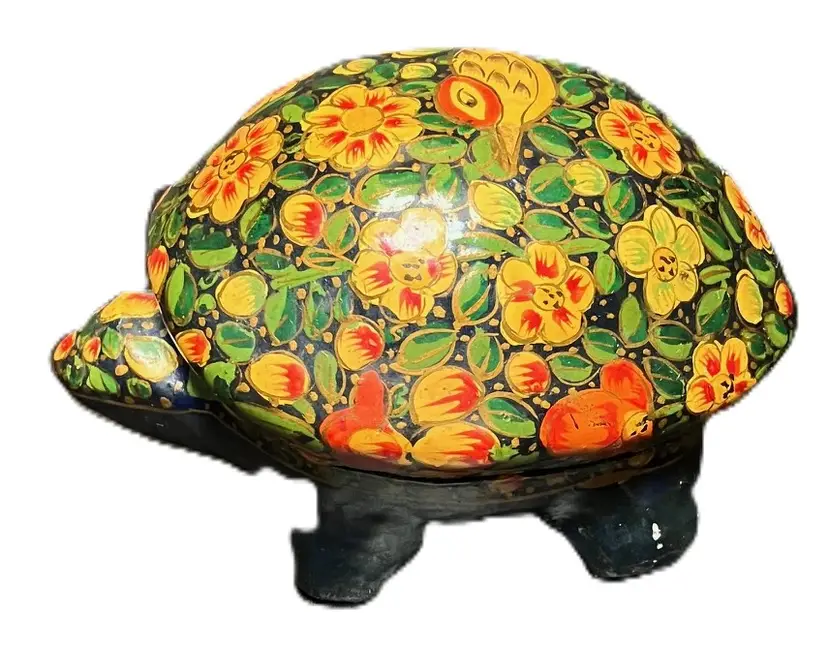 Handcrafted Handpainted Paper-mache Tortoise Turtle Trinket Box Floral Bird