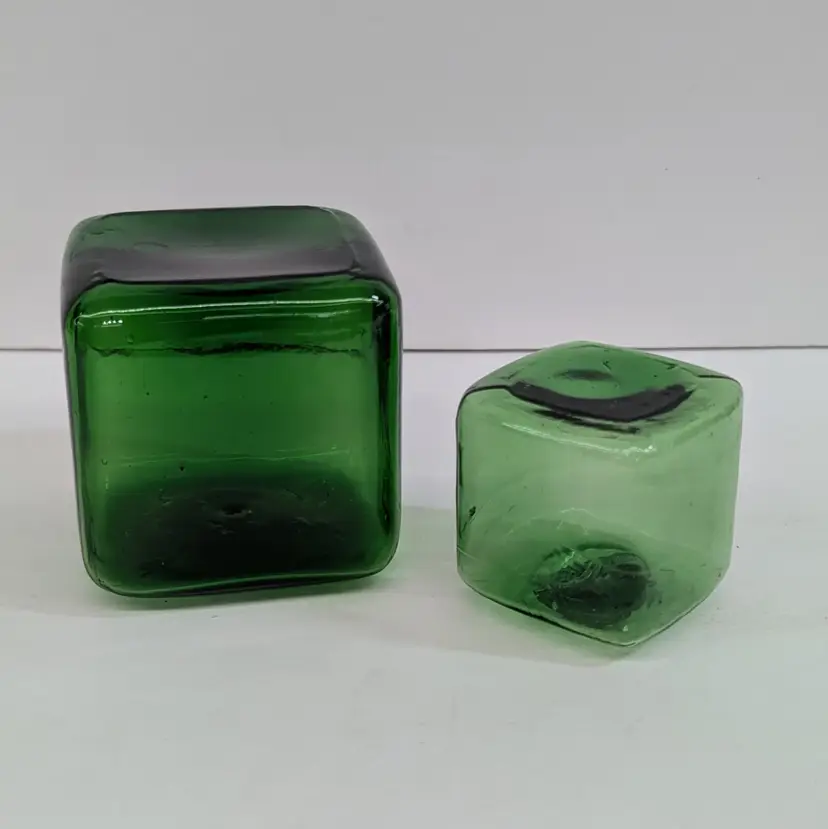 Vintage Japanese Fishing Floats Square Curio Hand Blown Glass Green 2 & 3"