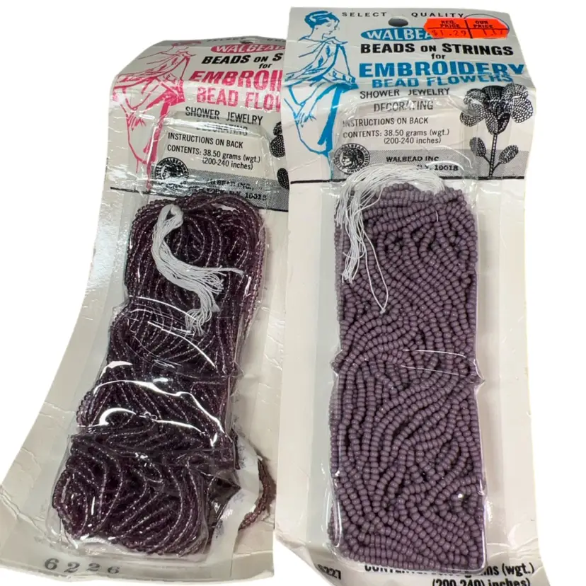 Vintage Glass Seed Beads Lot Of Two Unopened Packages Of Purple Shades Packing Is Wrinkled