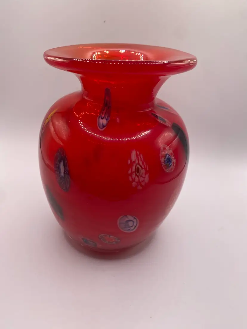 Vintage 6" Ruby Red Millefiori Hand-Blown Art Glass Vase - Murano?  Heavy 2lb 11oz