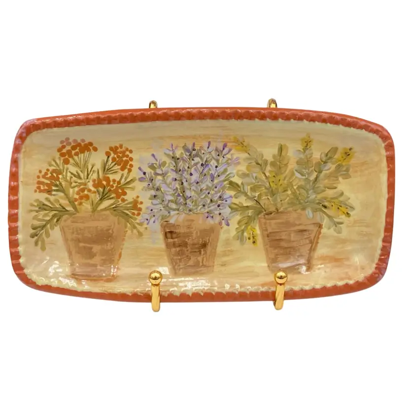 Studio Pottery Serving Tray, Hand-painted Florals, Crimped, Signed/Stamped, 8.8"