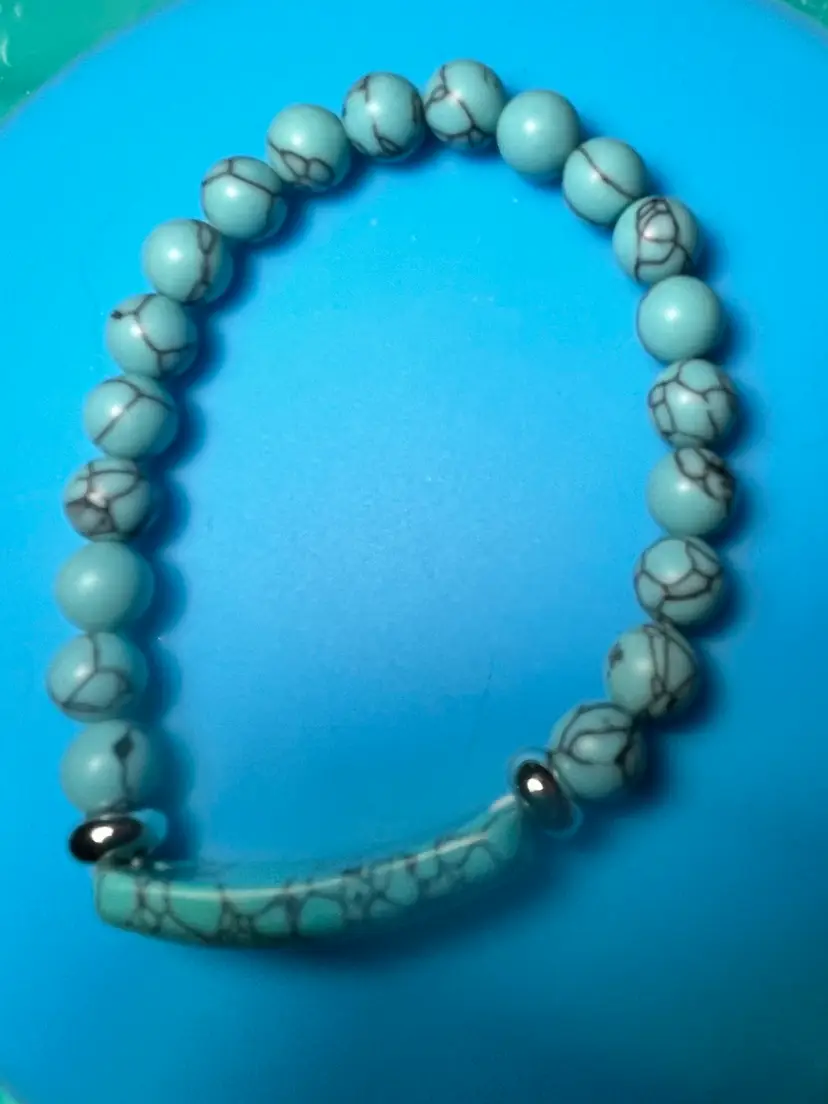 #602 Handcrafted Natural Stone “Beads and Bar” Bracelet On Elastic Cord