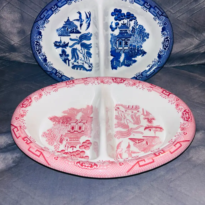 Vintage Churchill Of  England Blue & Pink Willow Oval Divided Serving Dishes
