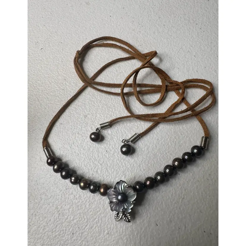 Vintage Boho Suede Tie Necklace with Genuine Cultured Pearls & Removable Mother-of-Pearl Flower Pendant