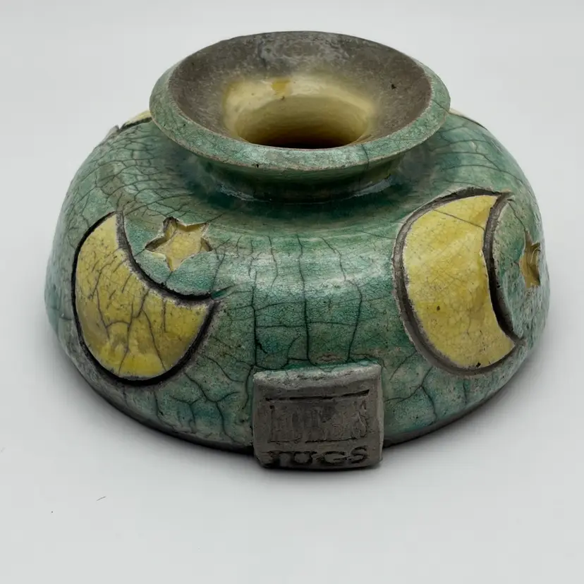 Vtg, “Mother's Jugs”, Raku, Studio Art
Pottery, Oil Lamp/Bud Vase/Candle Holder/, Moon & Stars