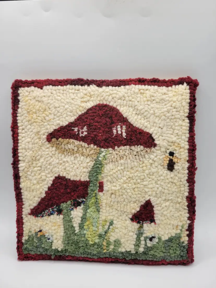 Vintage Hand Hooked Mushroom Rug Folk Art Wall Hanging Signed