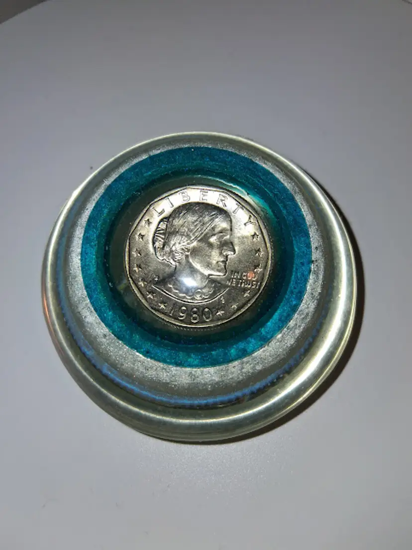 Acrylic OOAK Disc Paperweight With 1980 Susan B. Anthony Dollar US Coin & Decorative Elements Inside, by Paul Miller