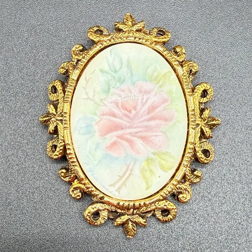 Hand Painted Pink Rose Porcelain Pendant Brooch 2.25”