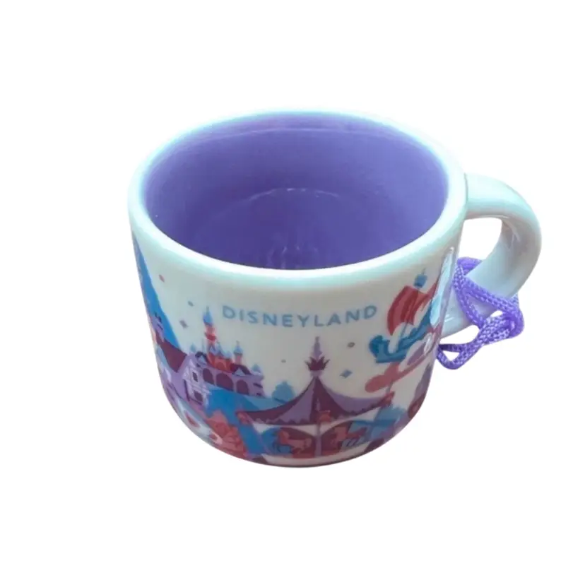 #117- Mini Demitasse Coffee Mug Ornament Starbucks Disneyland Park Magic Castle You Are Here CollectionCollectible Demitasse Princess CastleSleeping Beauty Castle, King Arthur's Carousel, and "it's a small world”