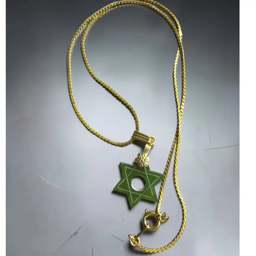 Genuine Jade Star Of David Pendant On 16” Gold Tone Chain