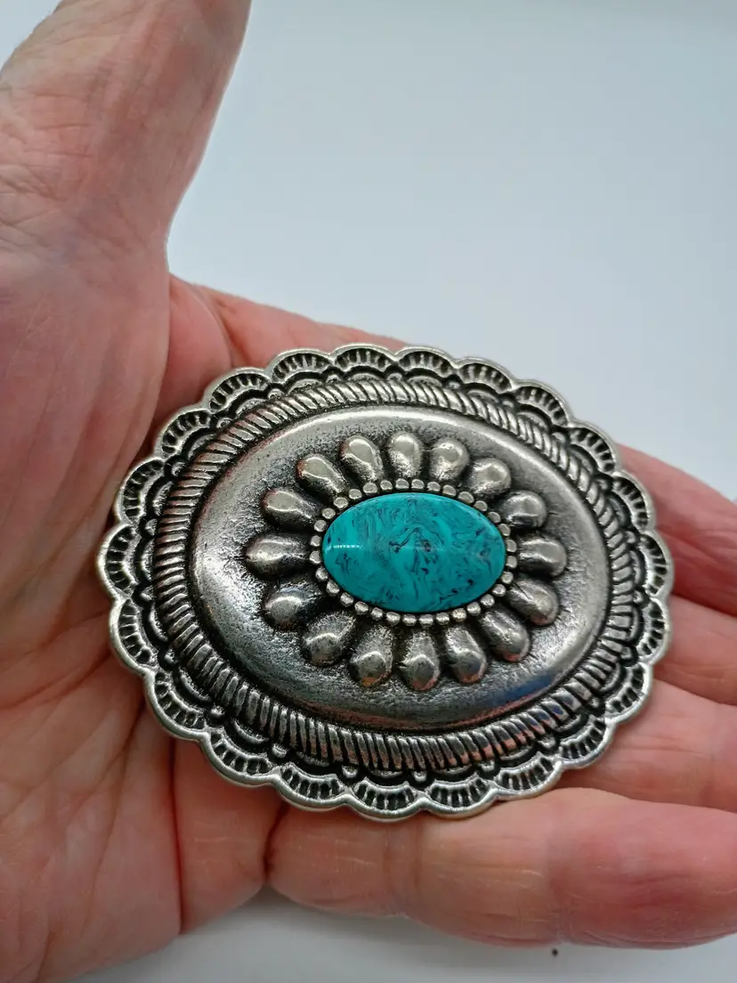 American SW Style Silver Tone Concho 3" Belt Buckle with Faux Turquoise Center Cabochon.