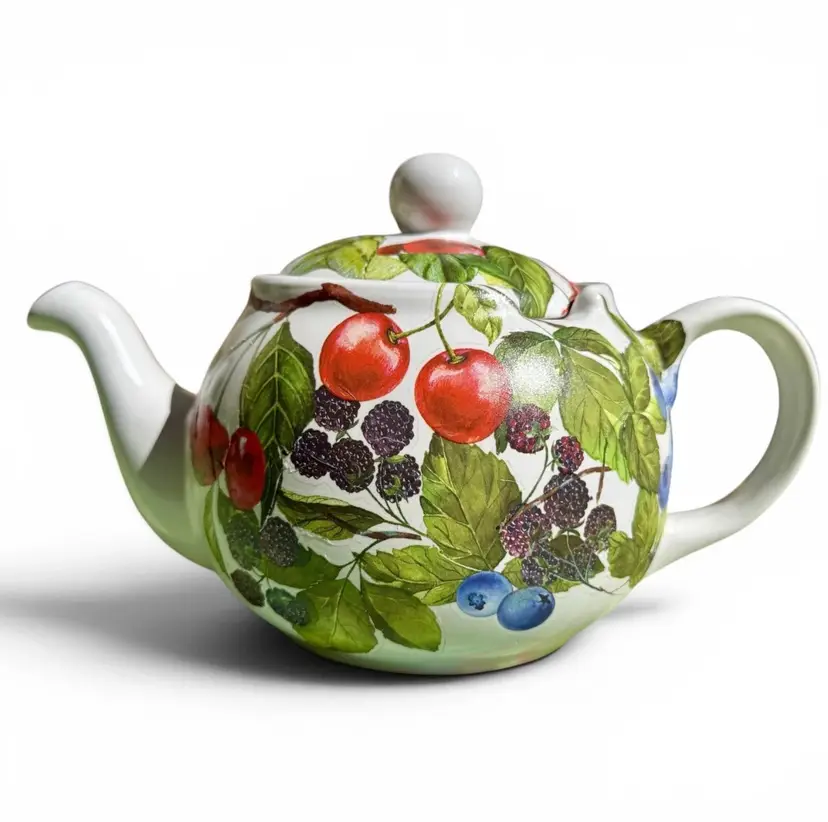 Stoneware Upcycled White Teapot with Various Fruit Pattern Farmhouse Decor 32 oz