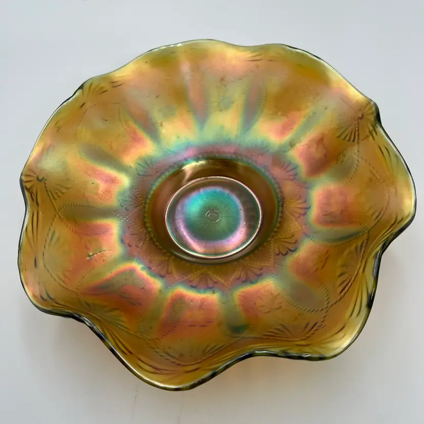 Antique Northwood Carnival Glass Bowl- Green/Marigold