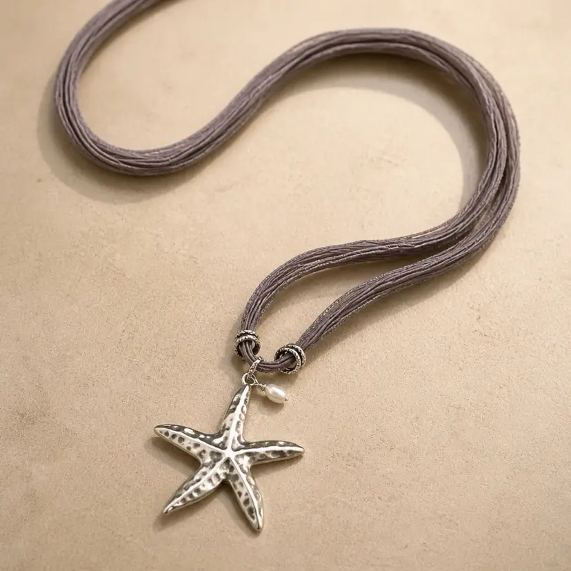 Hammered Silver Starfish Pendant Ontaupe Silk Cord