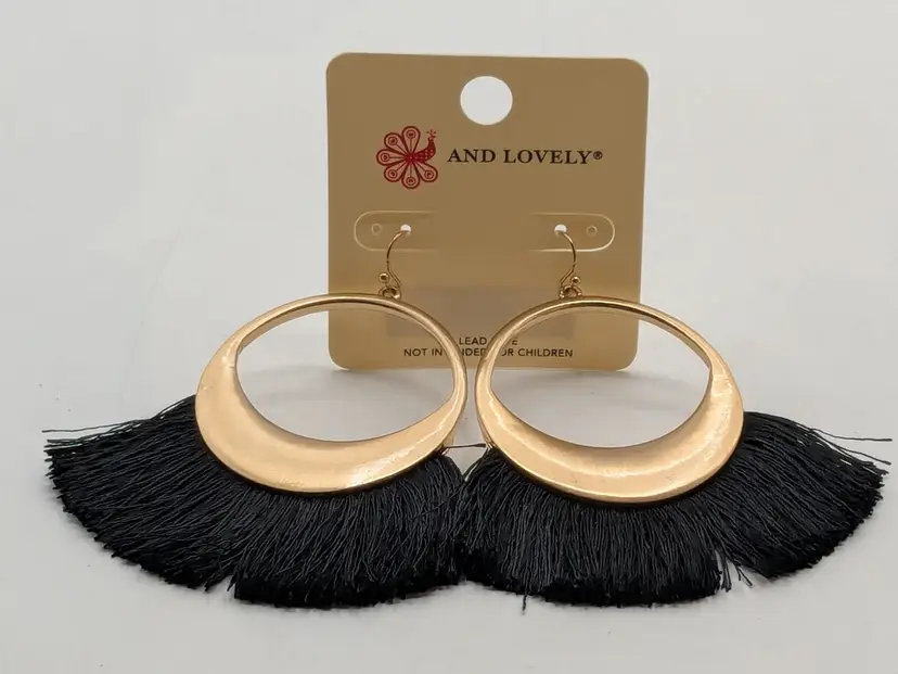 And Lovely Brushed Gold Tone Black Fringe Hoop Earrings NWT