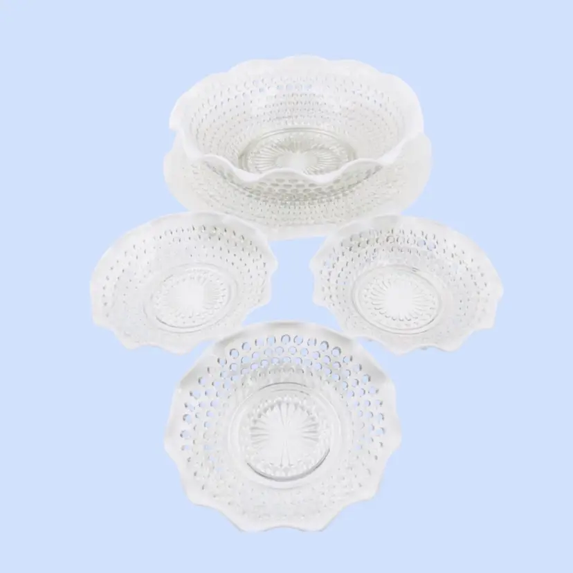 #061- Vintage 5pc Dessert Set Opaline Moonstone Serving Bowl, Cake/Under Plate, 3 Dessert Bowls  Anchor Hocking 1942-1946