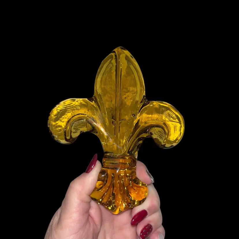 Amber Glass Fleur-de-Lis Unsigned Studio Art Glass Paperweight | 5.5”