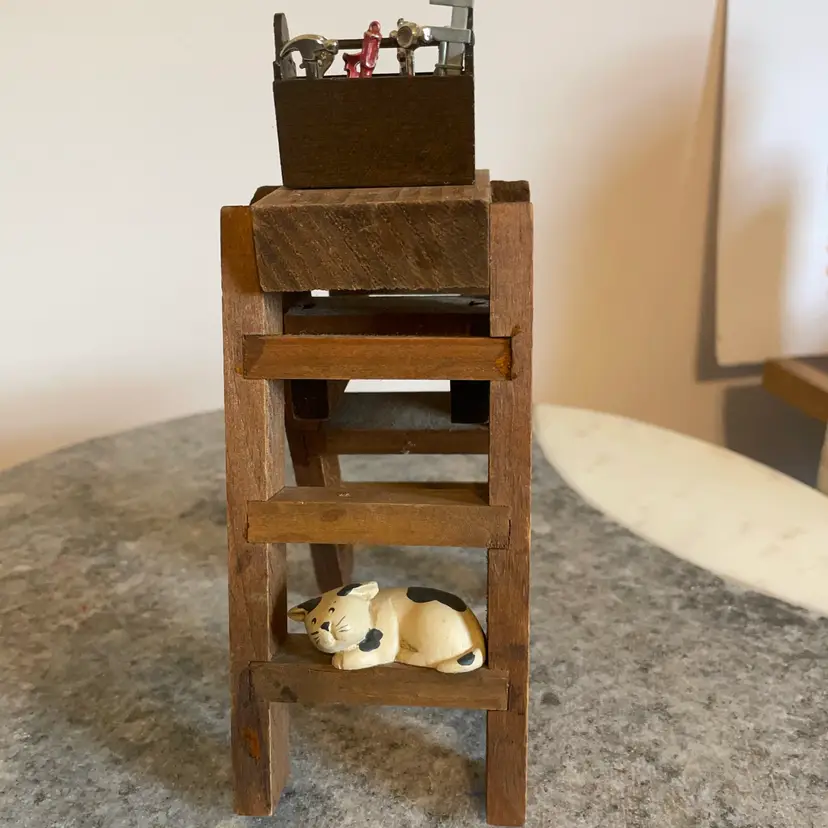 Wooden Ladder With Tools, Paint Bucket And Kitty