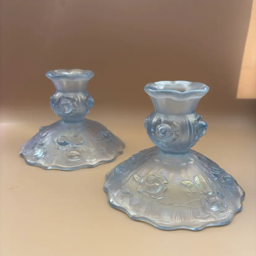 Fenton Pale Blue Opalescent Candlestick Holders Pair