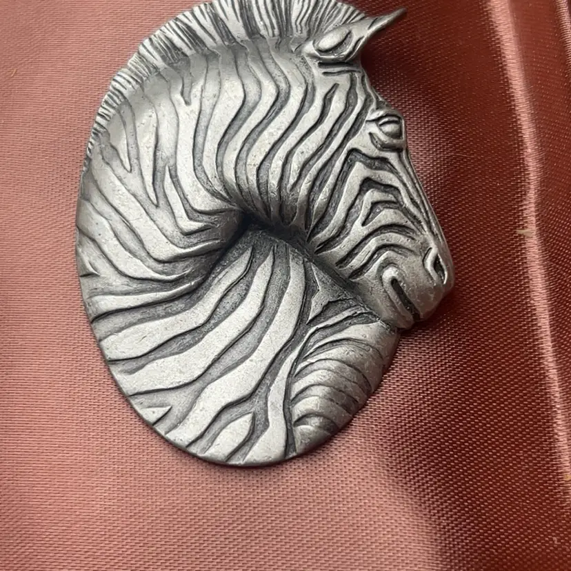 Vintage JJ Zebra Head Brooch Pin Pewter Tone Signed Jonette Jewelry 2¼”