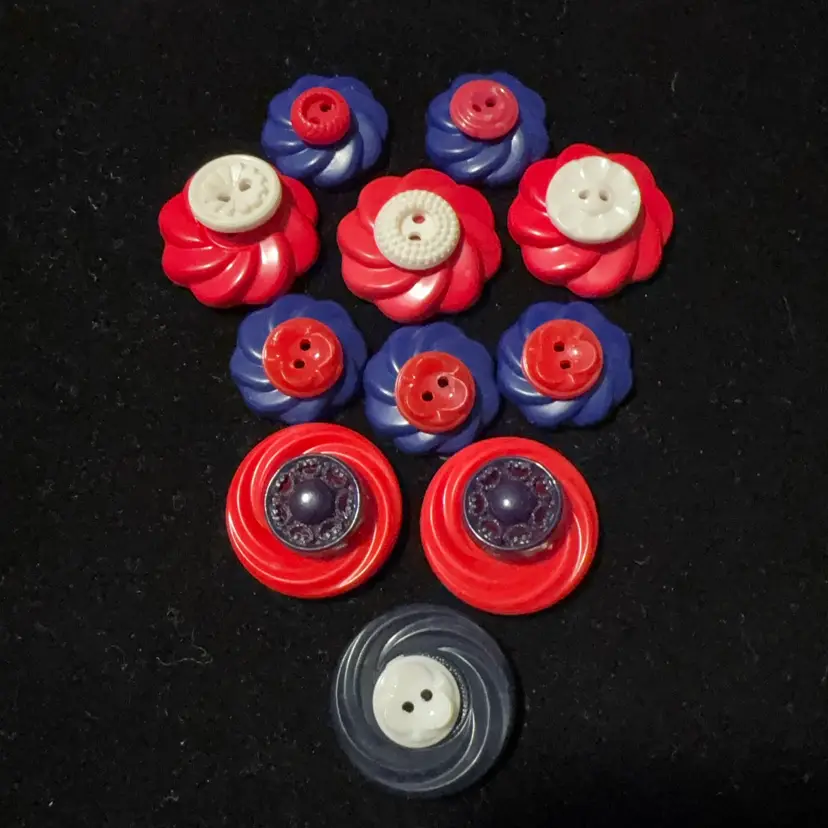Lot Of 24 Red White And Blue Vintage Designed Plastic Buttons For Craft Project Or Button Art