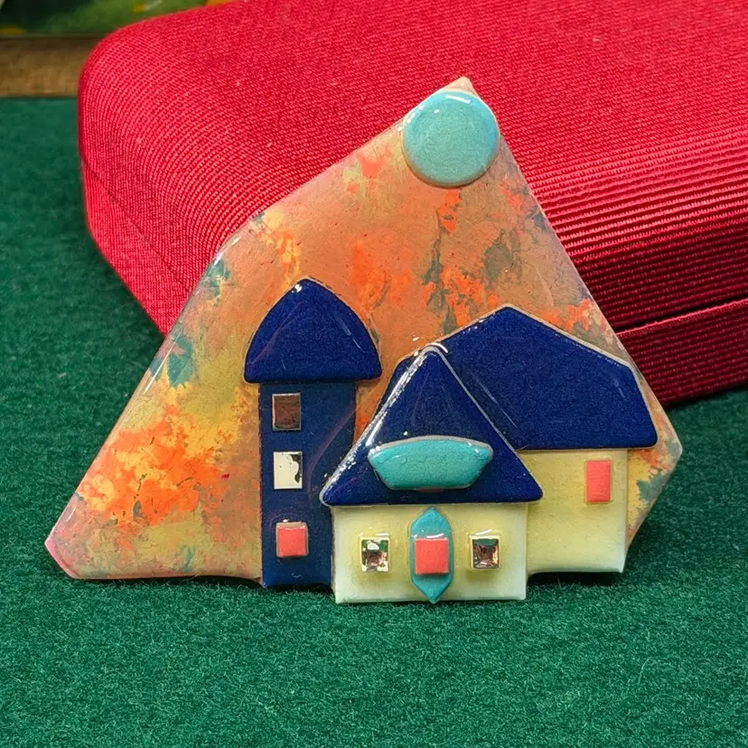 House Pin By Lucinda Brooch Blue & Pink Mixed Color Splotched Background
