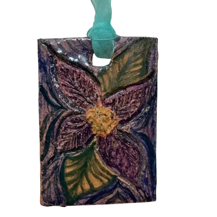 Pottery Tile Hand carved And Painted 3 3/4” X 2” Purple Flower