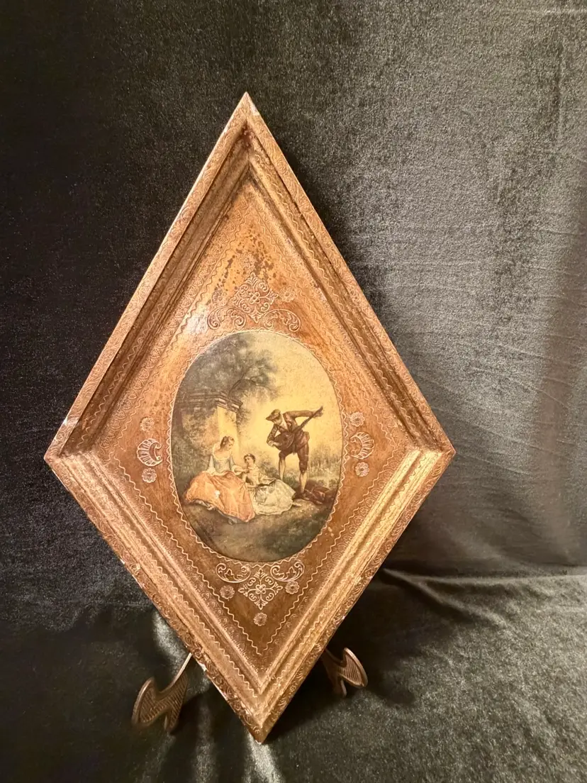 Vintage Italian Florentine Diamond Wall Plaque - Nicolas Lancret "The Music Lesson ~13” x 8”