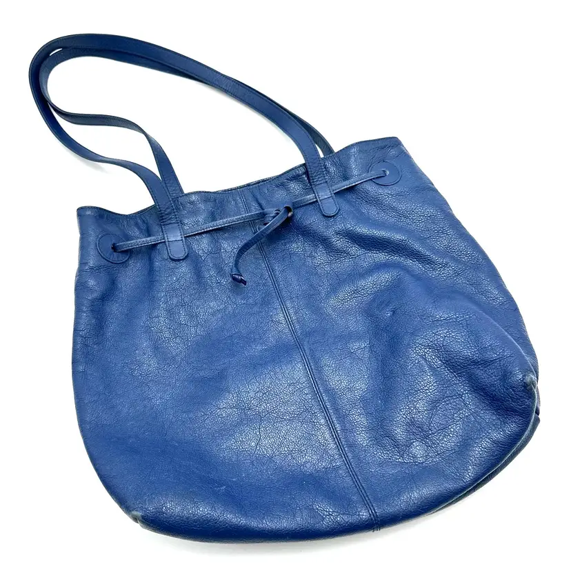 Albi Vintage Blue Leather Drawstring Tote Bag Purse 15 X 13”