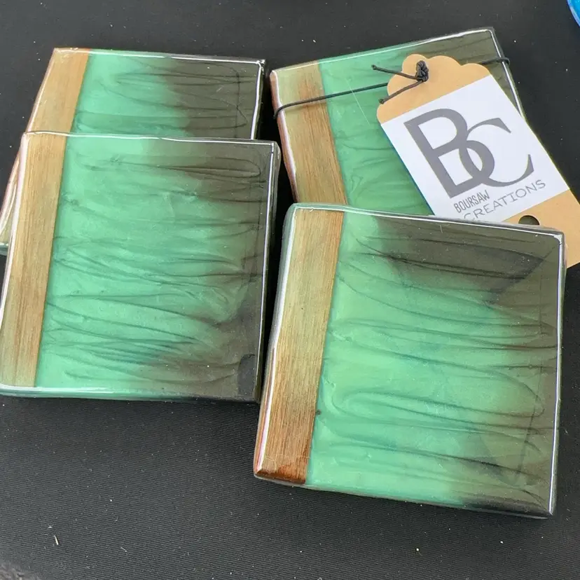 Green & Smokey Black Swirl Epoxy With Walnut Accent 4-coaster Set - River Table Style