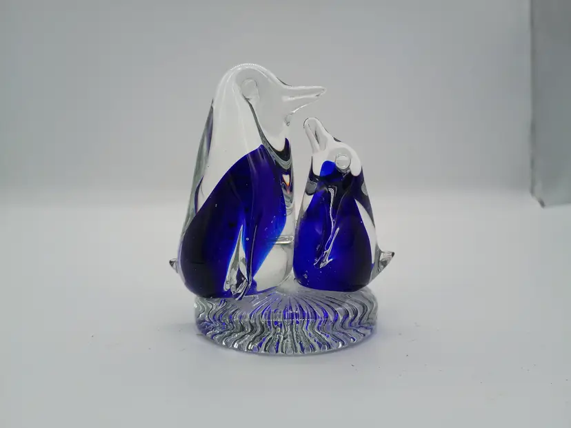 Hand Blown Art Glass Paperweight Adult Parent and Baby Penguin on Base Blue & Clear 4"