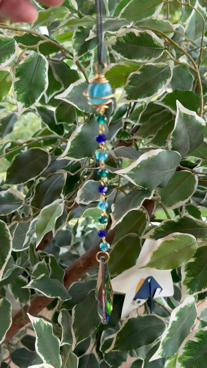 Handmade Crystal Suncatcher Prism - Vitrail Rainbow Teardrop Wire Wrapped Vintage Marble Accent 9” Long
