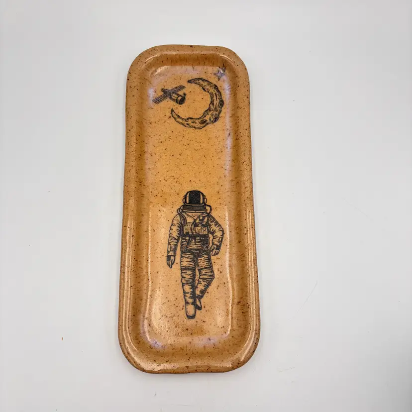 Handmade Studio Art Pottery Trinket Dish Speckled Astronaut Moon Satellite