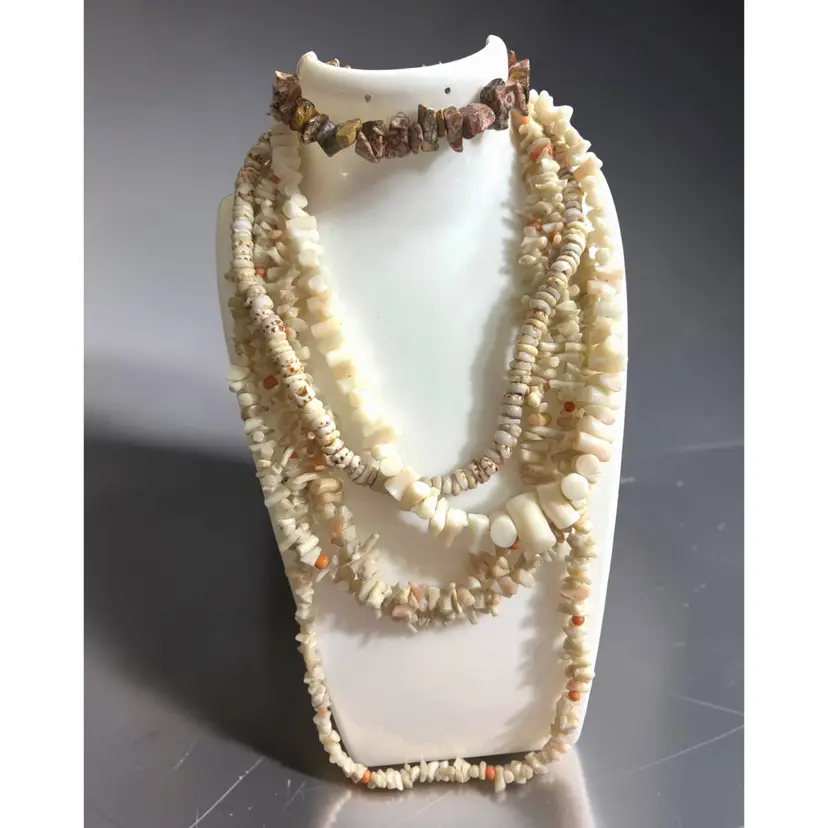 4 Piece Lot  - 1 Stretch Stone Chip Bracelet- 2 Shell Necklaces - 1 30” Coral Chip Necklace