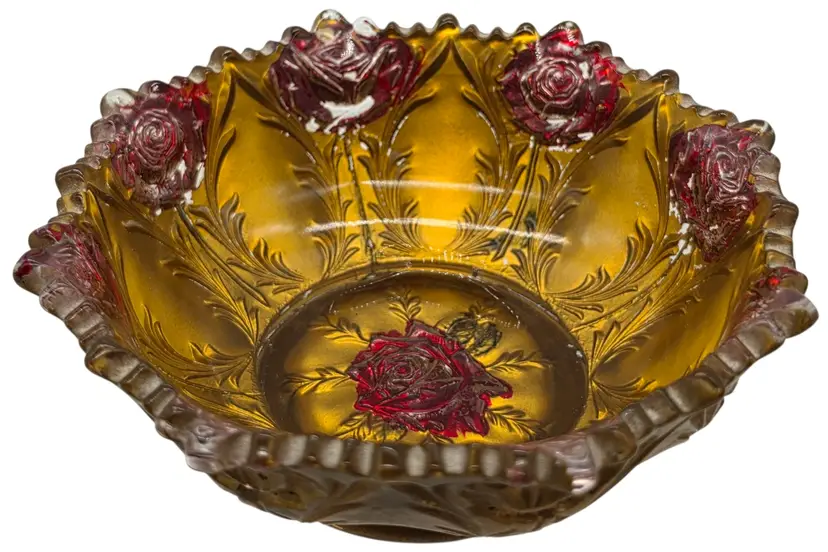 Vintage Carnival Goofus Glass Bright Gold and Red Rose Carnation Candy Trinket